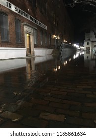 Wilmington, North Carolina / USA - September 22, 2018. After 9pm EST The Cape Fear River Floods. Higher Waters Expected Tomorrow. Water Street At The Foot Of Dock Street, In Downtown. 18 South Water