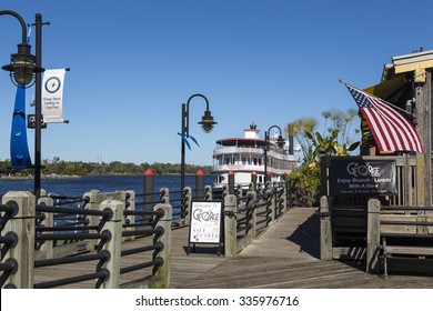 WILMINGTON, NORTH CAROLINA/USA - OCTOBER 19, 2014: The River Walk along the Cape Fear River. The River Walk is a tourist attraction boardwalk along the historic town.