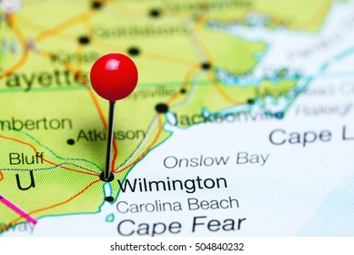 Wilmington pinned on a map of North Carolina, USA
