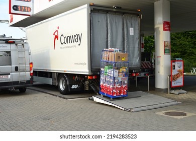 Wilsele, Vlaams-Brabant, Belgium - August 26, 2022:  Conway Food Service Truck Delivering Snacks And Drinks For Carrefour Express Gas Station Shops At The Lukoil Petrol Stations