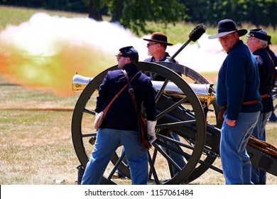 Wilsons Creek National Battlefield June 7 2018 - Civil War Recreation Of Canon Fire With Soldiers Dressed As Union Soldiers.