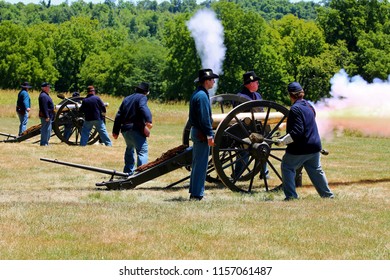 Wilsons Creek National Battlefield June 7 2018 - Civil War Recreation Of Canon Fire With Soldiers Dressed As Union Soldiers.