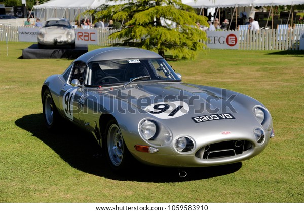 Wilton, Wiltshire, UK -\
June 7, 2015: A Jaguar E-Type Lightweight sports car at the Wilton\
Classic & Supercar Show, Wilton House, Salisbury, Wiltshire,\
England