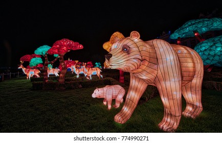 Wiltshire, England,UK- 12 December 2017:  Chinese Lanterns Festival of Light at Longleat Safari Park .  Longleat: UK's No. 1 Safari Park and every Christams they put on a show called Festival of Light