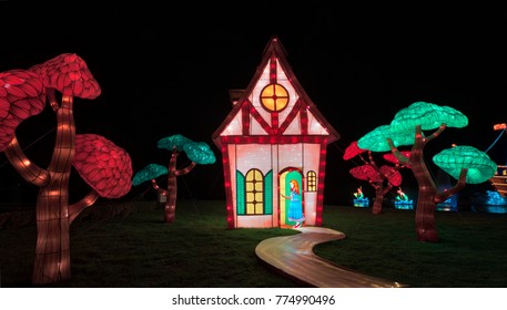 Wiltshire, England,UK- 12 December 2017:  Chinese Lanterns Festival of Light at Longleat Safari Park .  Longleat: UK's No. 1 Safari Park and every Christams they put on a show called Festival of Light