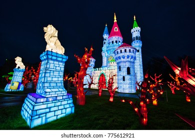 Wiltshire, England,UK- 12 December 2017:  Chinese Lanterns Festival of Light at Longleat Safari Park .  Longleat: UK's No. 1 Safari Park and every Christmas they put on a show called Festival of Light