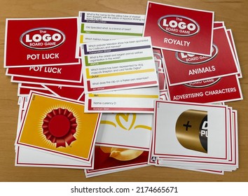 Wiltshire, UK - June 2022: The LOGO Board Game Selection Of Game Playing Cards, Showing Subject Categories And Picture Logo Cards