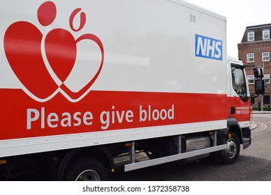 Wiltshire, UK. March 17 2019. A NHS Blood and Transplant Service vehicle used to transport staff and equipment to blood donor sessions parked outside a Town Hall hosting a blood donation session.   