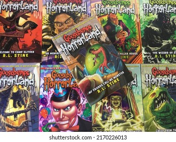 Wiltshire, UK - March 2022: A Selection Of Goosebumps Horror Land Books By R.L. Stine