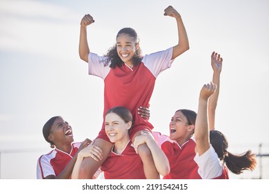 Win, celebrate and excited women soccer team happy about winning a football match or goal. Success, achievement and sport teamwork collaboration of winner sports women with community support mindset - Powered by Shutterstock