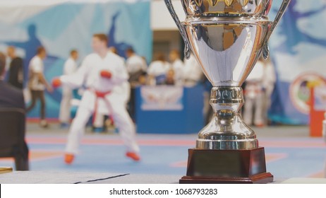 Win Cup In Front Of Fighting Karate At The Tournament, Sow-motion