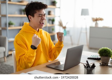 Win. Portrait of excited asian guy in yellow hoodie celebrating success shaking clenched fists sitting st desk at home using laptop computer, reading great news, screaming yes, free space