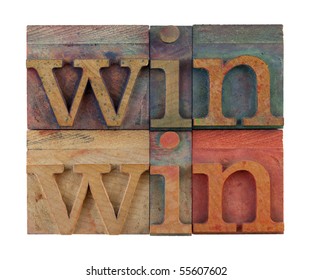 Win Win Strategy Or Conflict Resolution Concept - Vintage Wooden Letterpress Type Blocks, Stained By Color Ink, Isolated On White, Square Composition