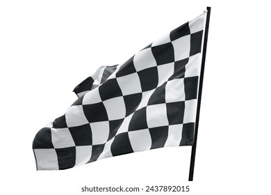 win winner checkered flag Black and white waving on  on post sign of final round end of line racing motor sport competition game. checkered flag isolated on white background. This has clipping path.