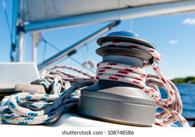 Winch With Rope On Sailing Boat