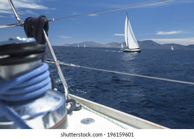 Winch With Rope On Sailing Boat In The Sea.