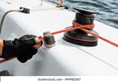 Winch With Rope On Sailing Boat In The Sea