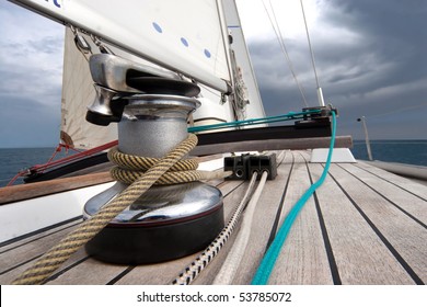 Winch With Rope On Sailing Boat In The Sea