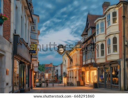 Winchester City centre High Street at night during mid-summer