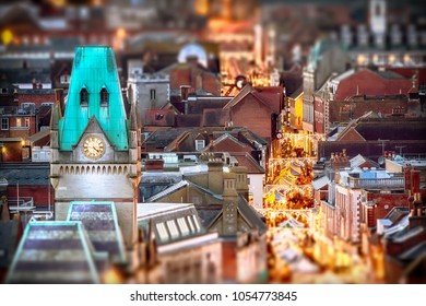 Winchester City View At Night With Christmas Market Stalls In The High Street