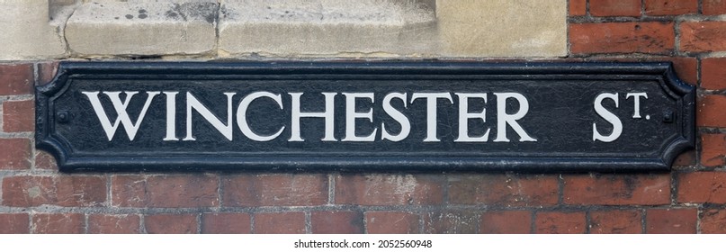 Winchester Street name sign, close up of an old style of English street plaque, shallow depth of field, autumn season 2021