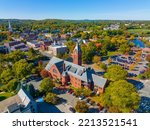 Winchester Town Hall aerial view in fall at Winchester Center Historic District, town of Winchester, Massachusetts MA, USA.