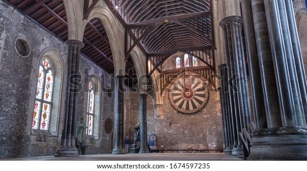 WINCHESTER, UK - March 15, 2020. King Arthurs Round Table and the Great Hall in Winchester, Hampshire, England