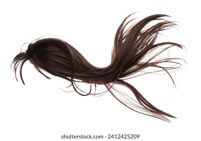 Wind blow Long straight Wig hair style fly fall. Brown woman wig hair float in mid air. Straight brown black wig hair wind blow cloud throw. White background isolated detail motion - Powered by Shutterstock