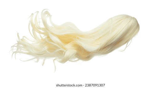 Wind blow long wavy curl Wig hair style fly fall. Gold Blonde woman wig hair float in mid air. Long straight Curly wavy golden wig hair wind blow cloud throw. White background isolated detail motion