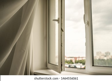 Wind Blowing Through Open Window In House, Swaying Curtain, Room Ventilation Concept