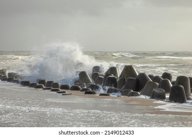 Wind Breaker At The Coast In Sylt In Bad Weather Storm, Hoernum