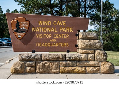 Wind Cave, South Dakota, USA - September 1, 2022:  Sign For Wind Cave National Park Visitor Center And Headquarters With The NPS Arrowhead Service Logo.