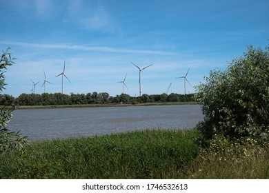 Wind Farm On The Banks Of The Scheldt In Antwerp