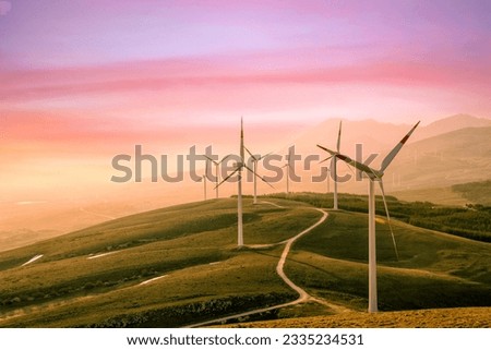 Wind farm or wind park with turbines located on the mountains in Italy Europe. Realize clean energy. Sustainable, renewable energy enviromental. Climate change and alternative industries  could help