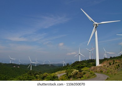 Wind Farm Turbine Fan Renewable Energy Electric Generation Equipment In The Mountains Of Japan