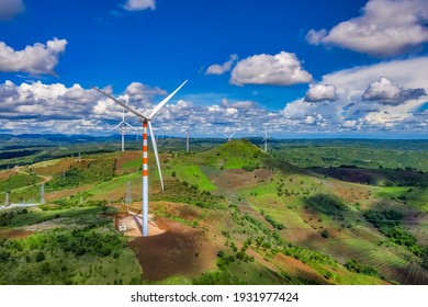 Wind generator - wind farm at Ea hleo, Dak Lak, Vietnam. Modern equipment for generating electric energy. The concept of environmental friendliness, environmental protection and tourism photo