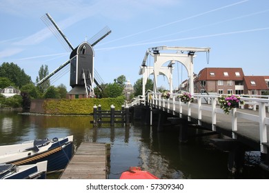 Wind Mill And Drawbridge In Leiden, Holland