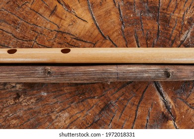 Wind Musical Instrument Wooden Flute Isolated.