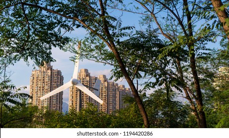 Wind Power Green Energy Environment Carbon Neutral Blue Sky And Trees And Clouds With Heart