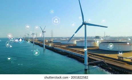 Wind Power Plant And Technology. Smart Grid. Renewable Energy. Sustainable Resources.