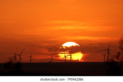 wind power plants in sunset