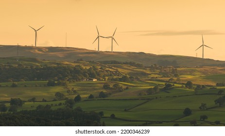 Wind Power Plants In The Yorkshire Dales,. Beautiful Sunset. Sedbergh, UK.