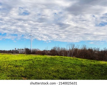 A Wind Turbine Factory Energy Supply Power Plant Green Field Blue Sky Clouds Landscape