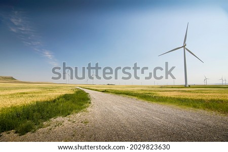 Wind turbine farm across a gravel road on the Canadian prairies near Pincher Creek Alberta.
