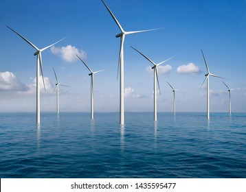 Wind turbine farm power generator in beautiful nature landscape for production of renewable green energy is friendly industry to environment. Concept of sustainable development technology.