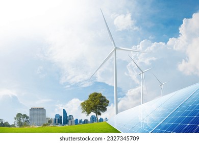 wind turbine farm, Solar panel and smart city in the background. renewable energy. sustainable and environmentally friendly.3D rendering - Powered by Shutterstock