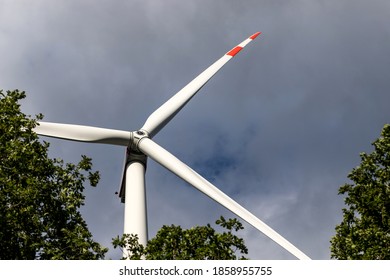 a wind turbine in the forest in the sun