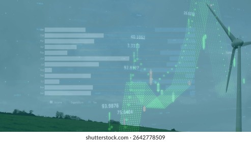 Wind turbine generating power on hillside, with bar graph and candlestick line charts, copy space. Renewable, sustainability, technology, finance, analytics, landscape, eco-friendly
