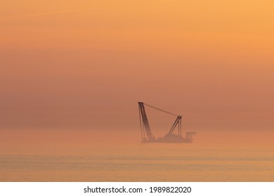 A Wind Turbine Installation Barge Off The Dutch Coast, Building An Offshore Wind Park For Wind Energy