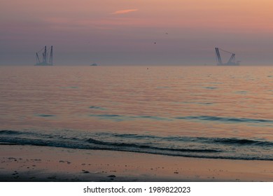 A Wind Turbine Installation Barge Off The Dutch Coast, Building An Offshore Wind Park For Wind Energy